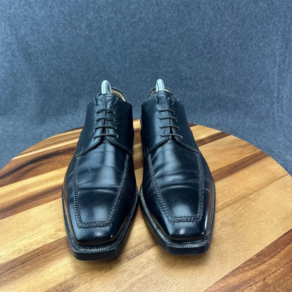 L.F. Lidfort Barneys New York Mens Black Leather Square‎ Toe Oxford Shoes Sz 8